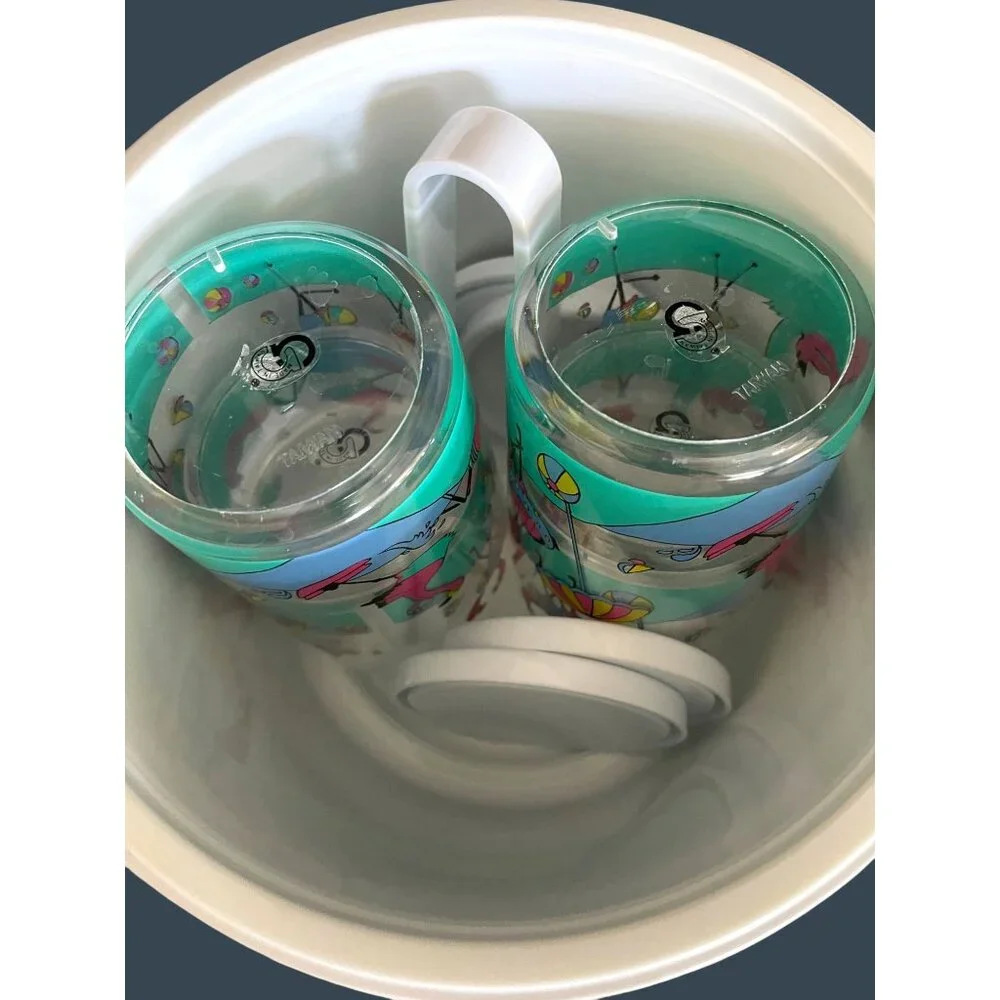 Retro Pink Flamingo Ice Bucket Barware Drink 10 Pc Set Tumbler Glasses Vintage